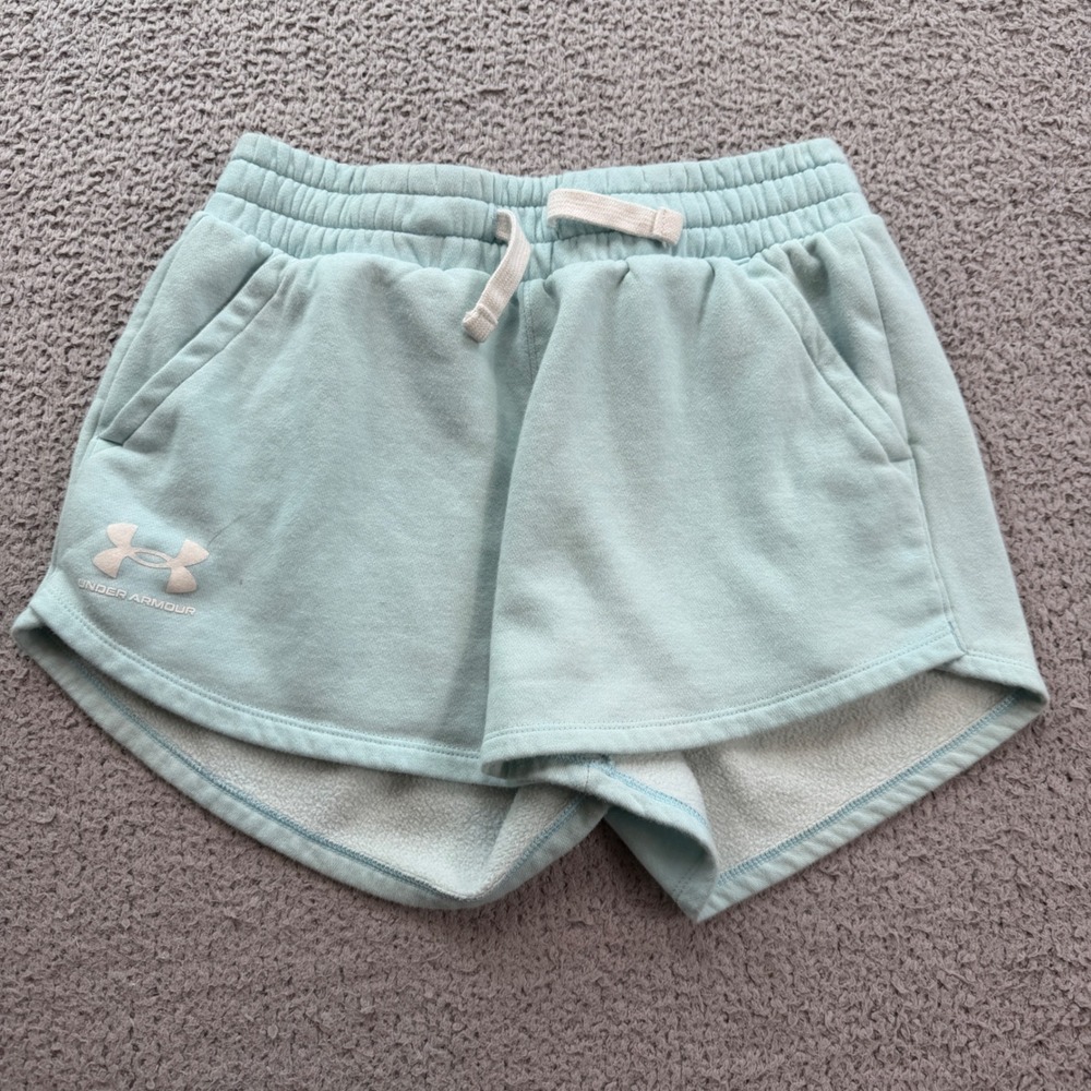 Under Armour Womens XS Light Blue Rival Fleece Athletic Shorts Pockets 6301